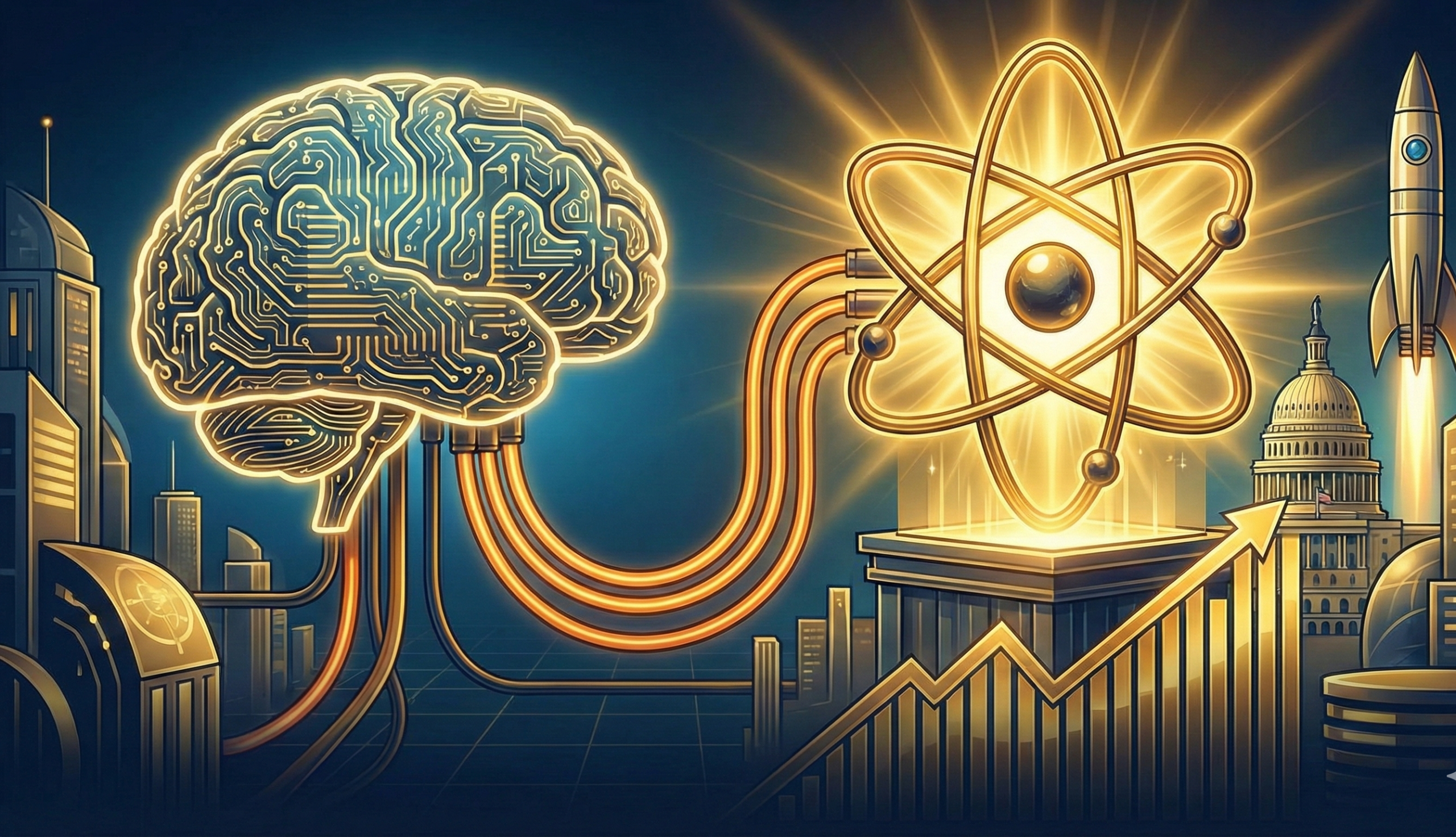 AI 데이터센터 전력난과 미국 원전 관련주 주가 상승을 표현한 일러스트