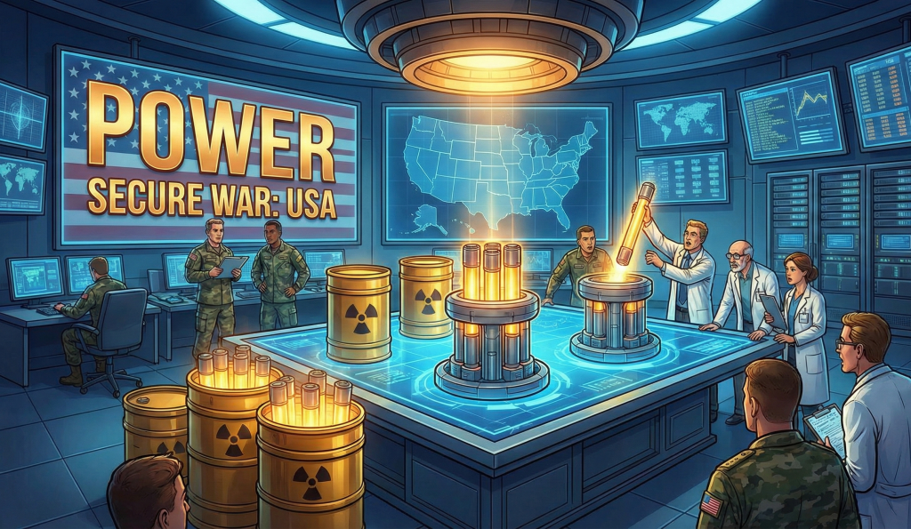 미국 전력난 해결을 위해 핵무기 폐기물을 민간 원전 연료로 재활용하는 모습을 표현한 일러스트