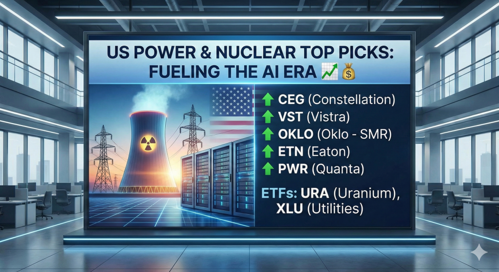 AI 시대의 미국 전력 및 원전 관련주 탑픽(CEG, VST, OKLO, ETN, PWR)과 ETF(URA, XLU) 목록을 보여주는 인포그래픽 이미지