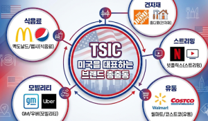 TSIC 미국을 대표하는 브랜드 총출동글자를 가운데에 넣고홈디포(건자재), 넷플릭스(스트리밍), 월마트/코스트코(유통), 맥도날드/펩시(식음료), GM/우버(모빌리티)