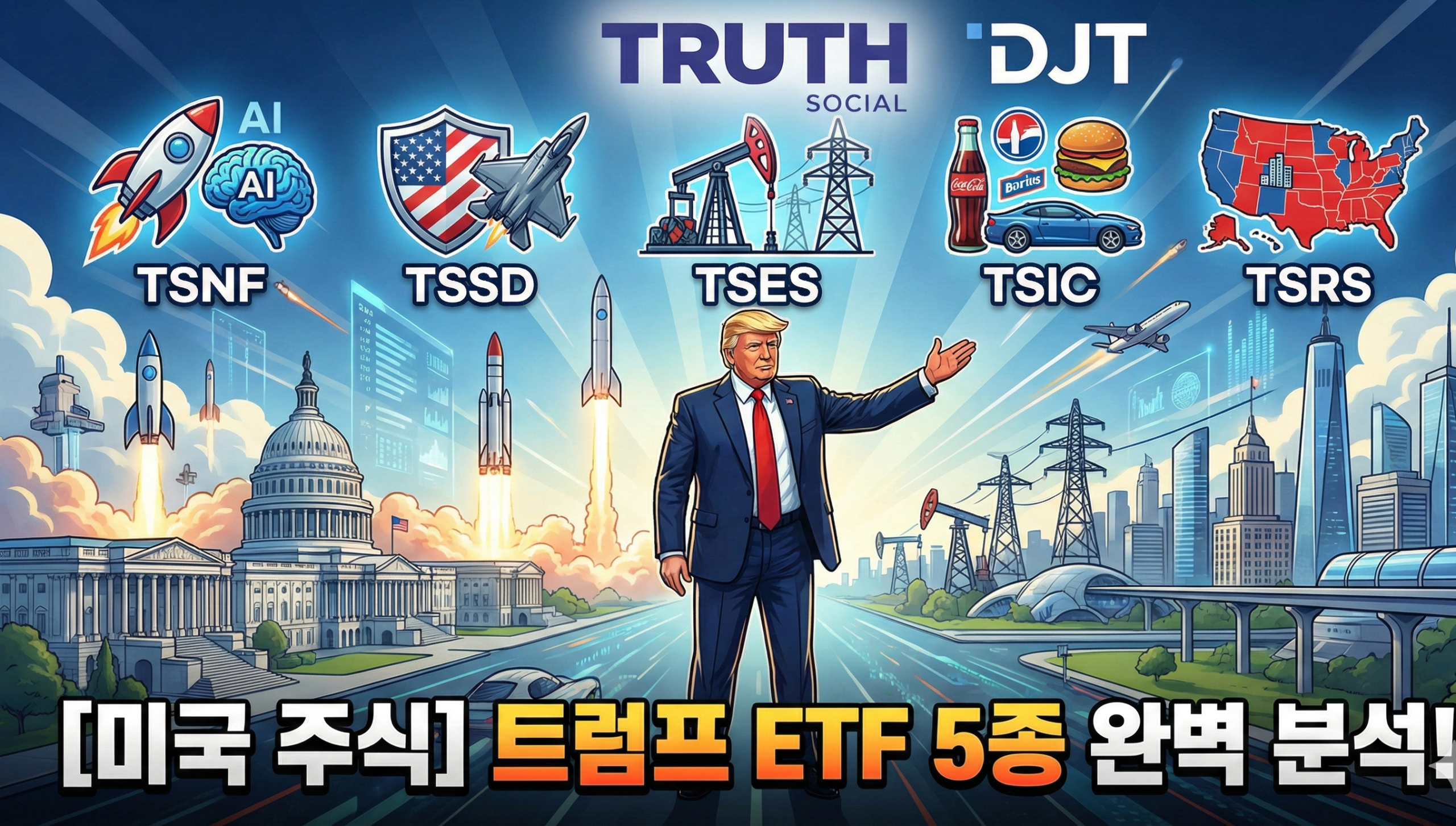 도널드 트럼프와 트루스 소셜(DJT)이 출시한 5가지 테마별 ETF(차세대 기술 TSNF, 안보 TSSD, 에너지 TSES, 미국 아이콘 TSIC, 공화당 지역 TSRS)를 상징하는 아이콘과 함께 미래지향적인 미국을 배경으로 소개하는 대표 그래픽 이미지. 하단에 "[미국 주식] 트럼프 ETF 5종 완벽 분석!"이라는 기사 제목이 명시되어 있음
