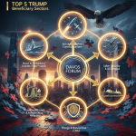 2026 다보스 포럼 로고와 함께 위로 향하는 황금색 화살표들이 배치된 이미지. 화살표 끝에는 방산, 에너지, 기술 섹터를 상징하는 아이콘이 있으며 배경에 미국을 상징하는 독수리가 날아가는 역동적인 투자 컨셉 이미지.