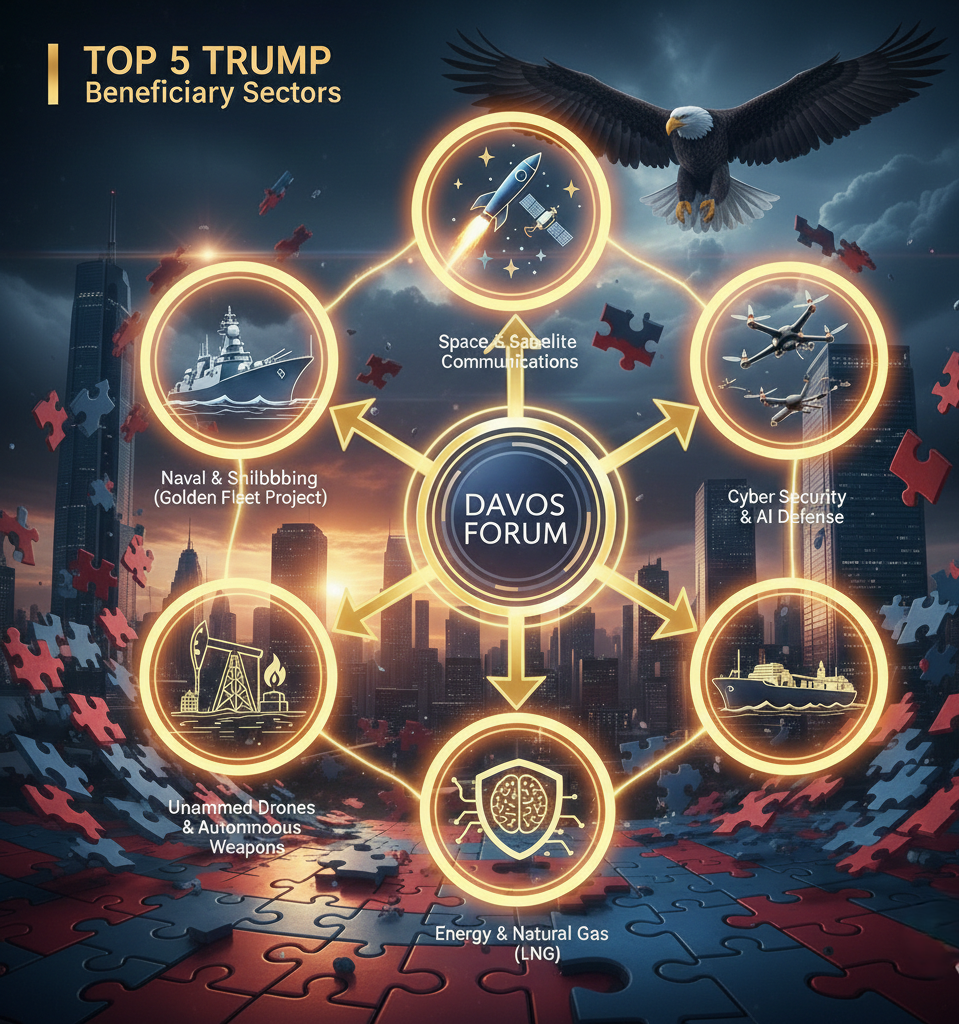 2026 다보스 포럼 로고와 함께 위로 향하는 황금색 화살표들이 배치된 이미지. 화살표 끝에는 방산, 에너지, 기술 섹터를 상징하는 아이콘이 있으며 배경에 미국을 상징하는 독수리가 날아가는 역동적인 투자 컨셉 이미지.