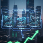 2026년 나스닥 시장의 주도주를 요약한 인포그래픽 이미지. 'NASDAQ 2026 MARKET LEADERS'라는 문구와 함께 메모리 반도체(삼성, 하이닉스, 마이크론), 자율주행(테슬라, 엔비디아, 웨이모), 피지컬 AI 및 로봇(옵티머스, 구글 딥마인드) 섹션이 홀로그램 차트와 우상향하는 화살표로 표현된 도시 야경 배경의 이미지.