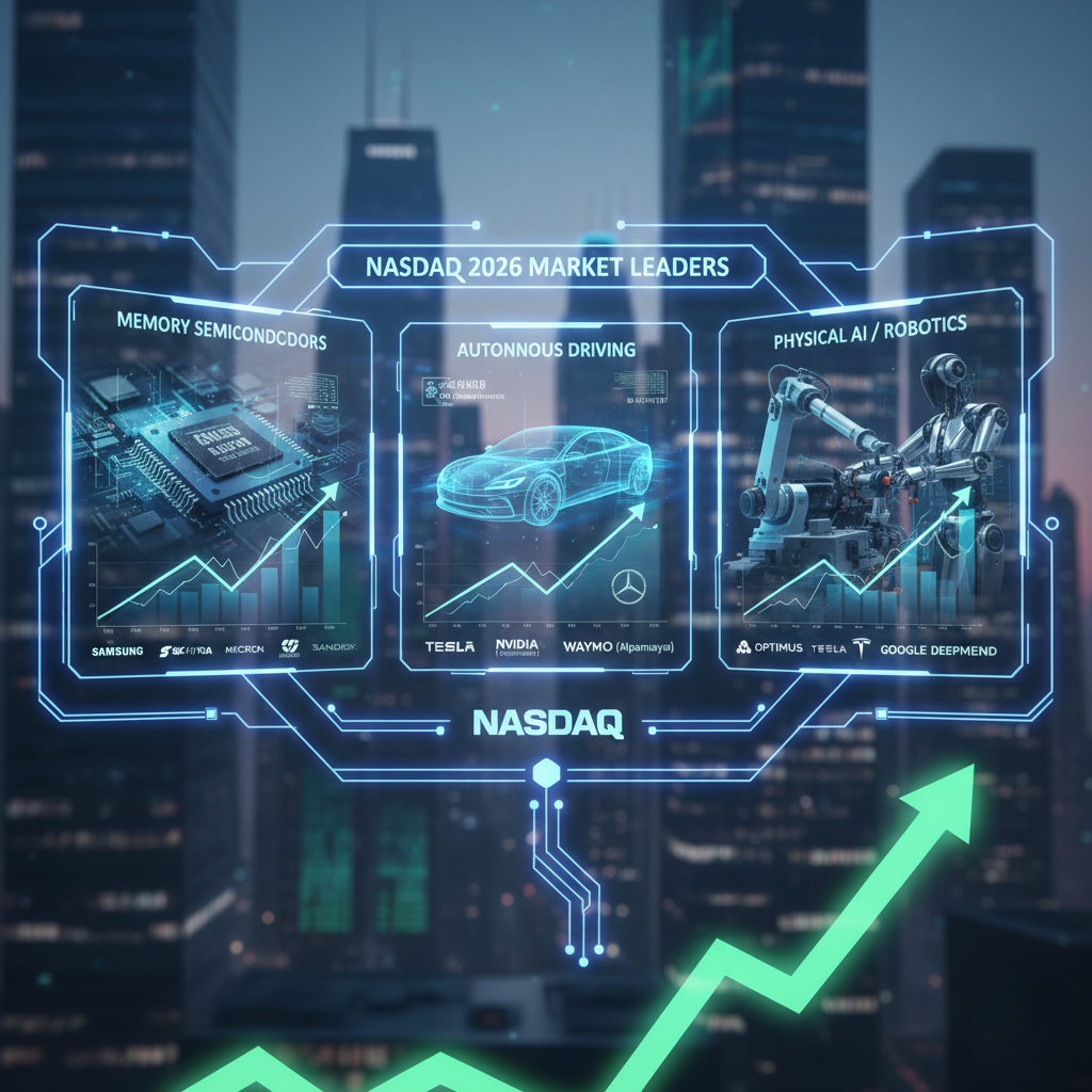 2026년 나스닥 시장의 주도주를 요약한 인포그래픽 이미지. 'NASDAQ 2026 MARKET LEADERS'라는 문구와 함께 메모리 반도체(삼성, 하이닉스, 마이크론), 자율주행(테슬라, 엔비디아, 웨이모), 피지컬 AI 및 로봇(옵티머스, 구글 딥마인드) 섹션이 홀로그램 차트와 우상향하는 화살표로 표현된 도시 야경 배경의 이미지.
