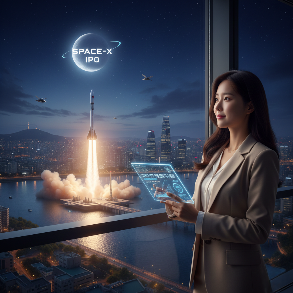 창밖으로 로켓이 발사되는 밤의 도시 전경을 배경으로, 테블릿을 통해 2026 우주 관련주 투자 정보를 확인하며 미소 짓는 여성 투자자의 모습