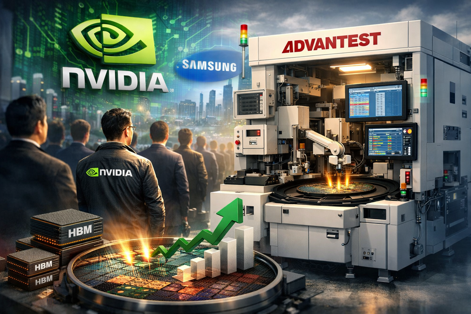 엔비디아(NVIDIA)와 삼성 로고 배경 앞에 놓인 어드반테스트의 대형 반도체 장비 모습. 전면에 쌓여있는 HBM 칩과 위로 솟는 녹색 화살표 그래프가 기업의 실적 성장과 기술 협력을 상징함.