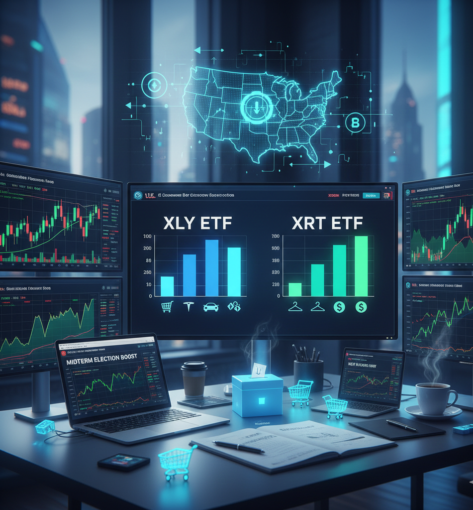 2026년 미국 중간 선거 수혜주 분석 이미지: 미국 경기 소비재 섹터의 흐름과 XLY ETF 및 XRT ETF의 주요 투자 지표와 수익률 차트