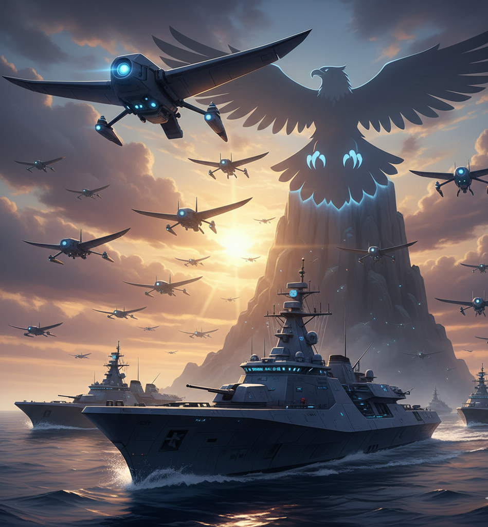 미국의 첨단 해군력 증강과 드론 기술, 그리고 안보 패권을 시각적으로 나타냅니다.
