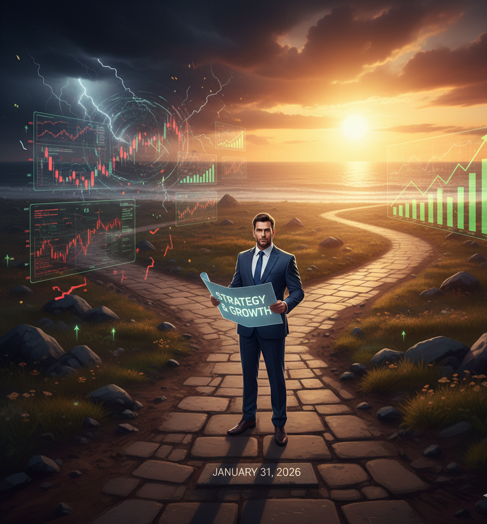 불확실성 속에서도 현명한 투자자가 기회를 포착하고 성공적인 길을 걷는 모습을 상징적으로 보여줍니다.