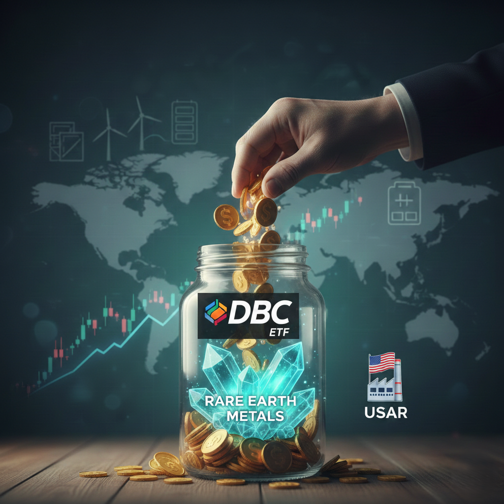 미국 희토류 관련주와 DBC ETF 투자를 상징하는 이미지. 세계 지도를 배경으로 유리병 안에 희토류 광물과 금화가 담겨 있으며, 미국 행정부의 전략적 자산 투자를 암시하는 성실한 투자자의 손과 상승하는 주가 그래프가 포함된 고품질 그래