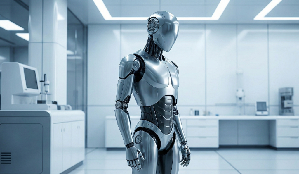 최첨단 연구실 환경에 서 있는 매끈한 금속 재질의 미래형 휴머노이드 로봇 전신.