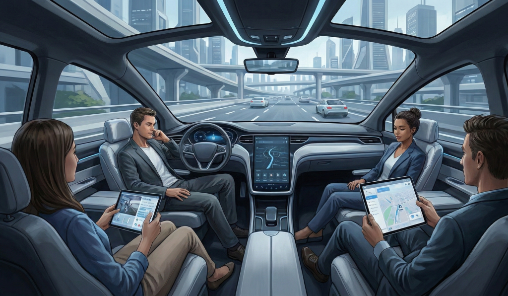 미래 도시의 고가 도로를 주행하는 넓은 자율주행차 내부에서 네 명의 승객이 편안하게 대화하거나 태블릿을 보며 휴식을 취하는 모습.