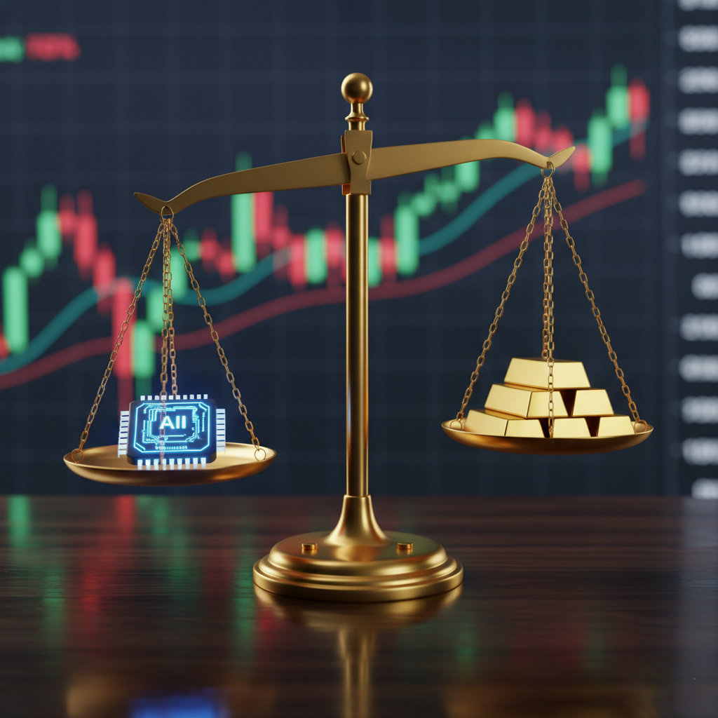 케빈 워시가 추구하는 'AI를 통한 성장(생산성)'과 '자산 축소(긴축)'의 미묘한 균형 잡기를 시각화하여, 앞으로의 투자 방향성을 암시합니다.