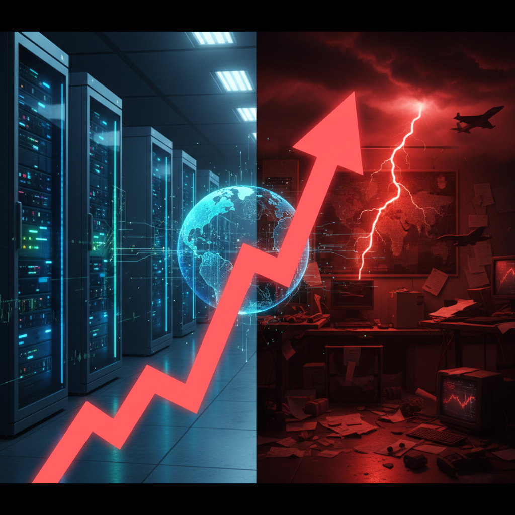 2026년 해외 주식 추천 주도주 테마인 AI 인프라 데이터 센터와 지정학적 리스크를 상징하는 붉은색 상승 화살표 그래픽 이미지