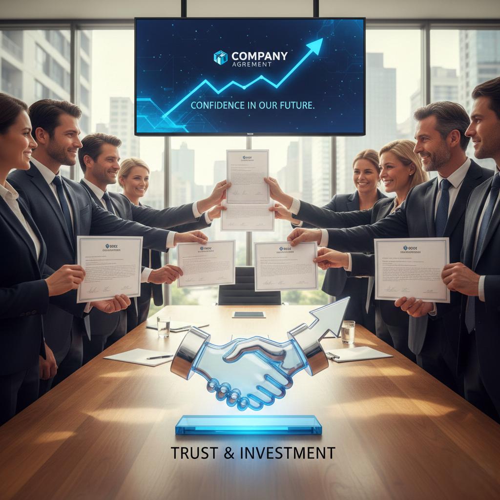 S&P 500 기업 내부자 거래 및 자사주 매입을 상징하는 경영진의 악수와 주가 상승 차트