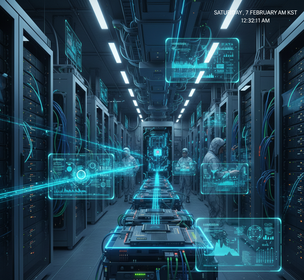 해외 주식 추천 핵심 테마인 AI 인프라 데이터 센터와 반도체 칩의 조화로운 디지털 아트워크