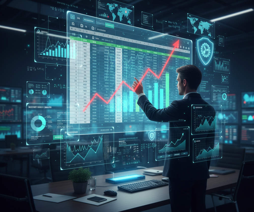 미국 주식 유망주 분석을 위한 엑셀 시트와 실시간 주식 데이터가 표시된 태블릿 화면)