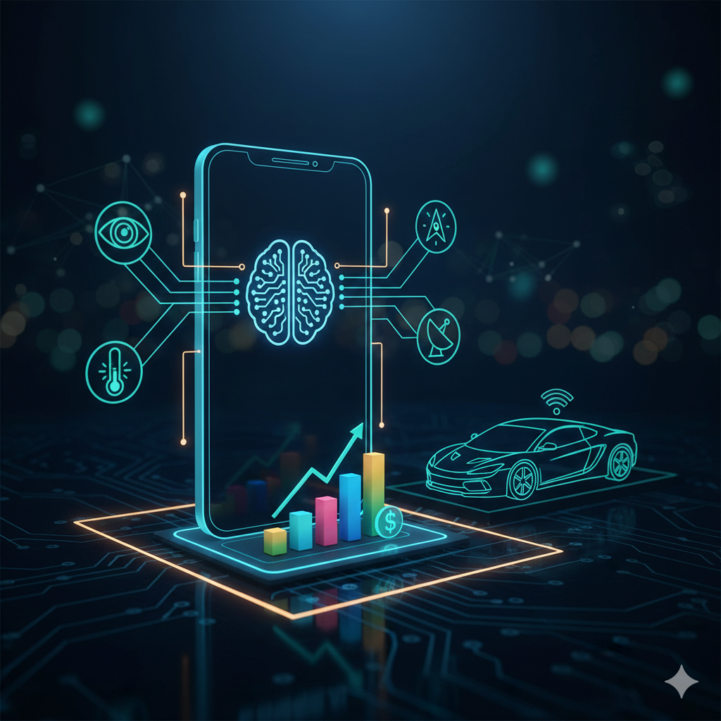 자동차와 각종 센서 아이콘이 배치된 온디바이스 AI 환경에서 효율적인 연산을 처리하는 가성비 에지 AI 칩 기술 개념도.