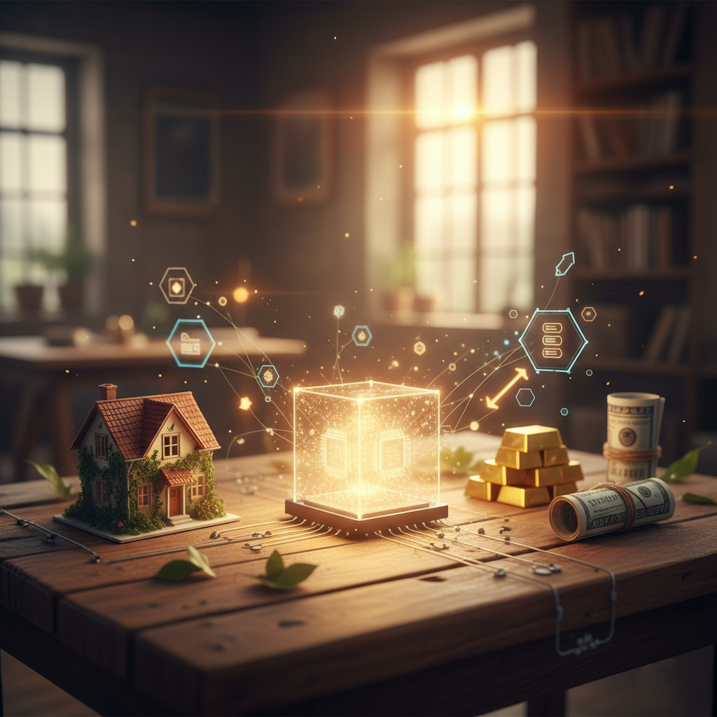 실물 자산 토큰화 인프라를 상징하는 집 모형, 금괴, 달러 뭉치와 디지털 칩이 조화를 이룬 RWA 관련주 및 자산 토큰화 개념의 내츄럴한 감성 이미지