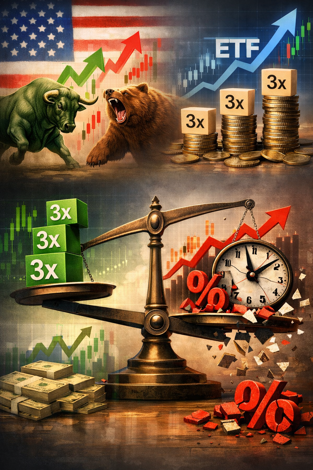 미국 증시 하락장과 상승장을 상징하는 황소와 곰, 그리고 나스닥 100 지수 조정을 대비하는 3배 레버리지 ETF 투자의 음의 복리 효과 리스크 관리 이미지