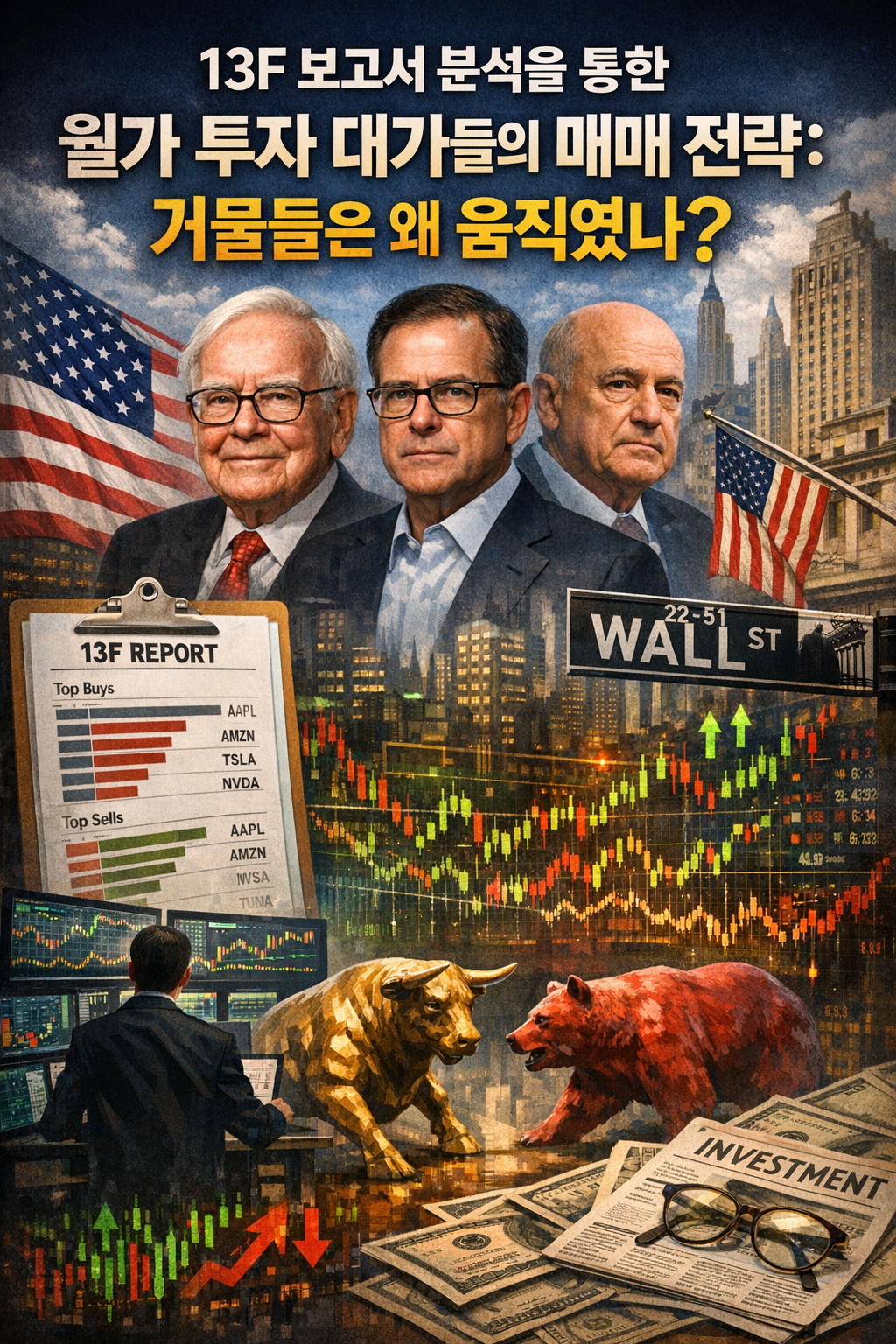 상단에는 “13F 보고서 분석을 통한 월가 투자 대가들의 매매 전략: 거물들은 왜 움직였나?”라는 제목이 크게 배치되어 있고, 배경에는 뉴욕 월스트리트 거리와 미국 국기가 보인다. 중앙에는 월가의 유명 투자자들을 상징하는 인물 초상과 함께 상승·하락이 교차하는 주가 차트가 겹쳐 있으며, 하단에는 황소와 곰 조형물, 13F 리포트 매수·매도 종목 표, 모니터로 시장을 분석하는 투자자의 모습이 표현되어 있다. 전체적으로 월가 거물들의 투자 전략과 시장 변동성을 상징적으로 담은 금융 테마 이미지.