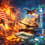 미국 국기, 전투기, 유가 시설과 상승 그래프가 함께 표현된 중동 전쟁 매수전략 상징 투자 이미지