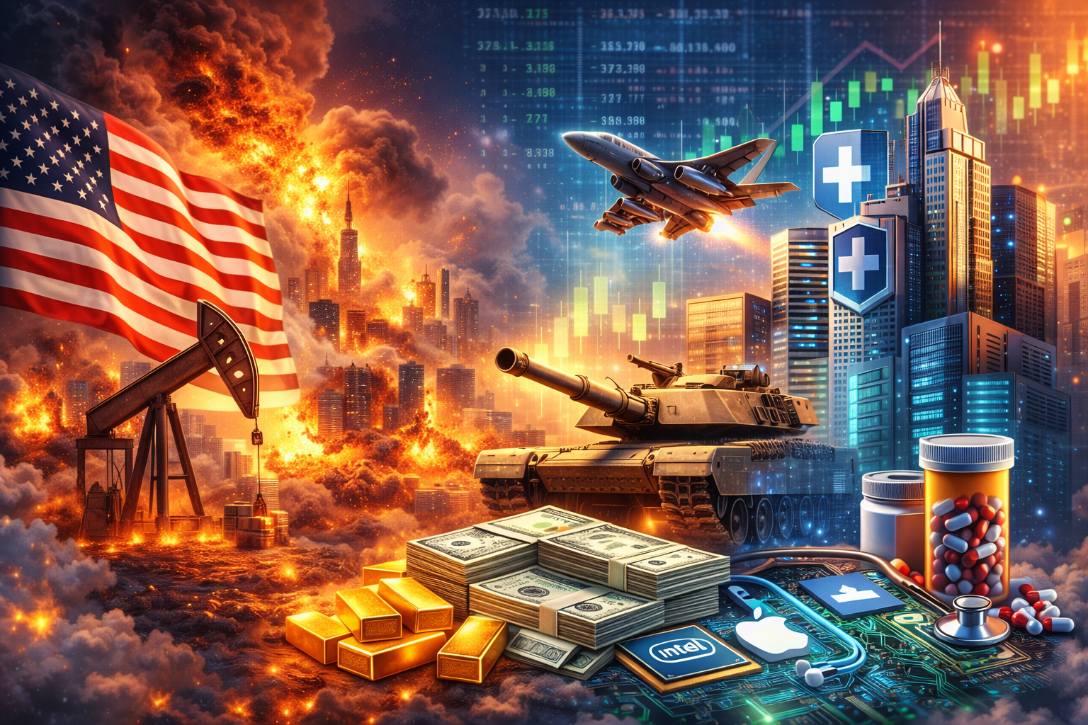 미국 국기, 전투기, 유가 시설과 상승 그래프가 함께 표현된 중동 전쟁 매수전략 상징 투자 이미지